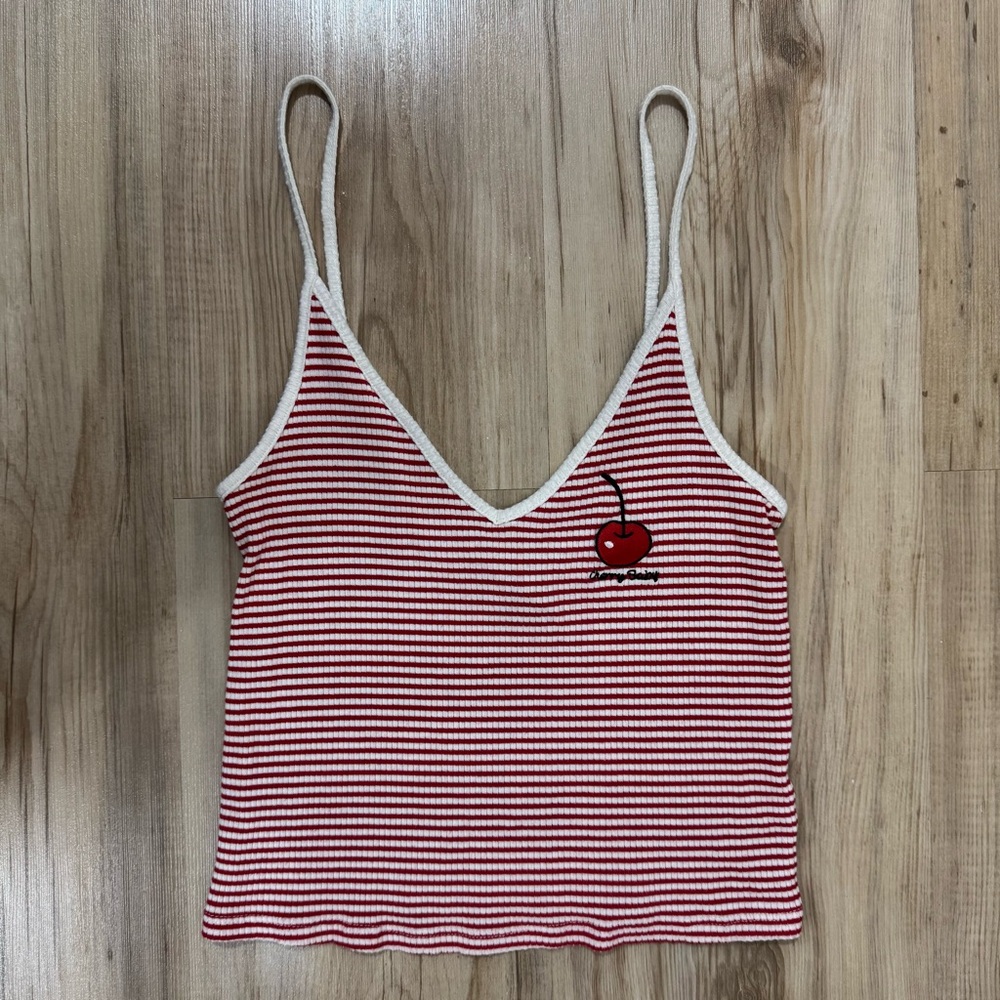 Forever 21 Cherry Embroidered Red Striped Women's Top